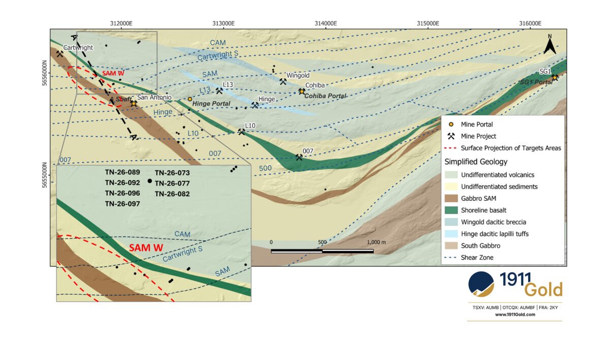 1911 Gold Reports High-Grade Intercepts from the SAM W Target at True North of 11.31 g/t Au over 1.70 m and 6.79 g/t Au over 2.40 m