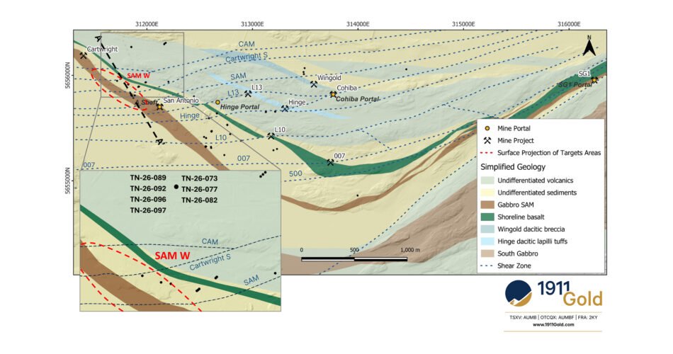 1911 Gold Reports High-Grade Intercepts from the SAM W Target at True North of 11.31 g/t Au over 1.70 m and 6.79 g/t Au over 2.40 m