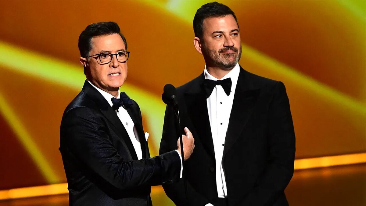 Colbert emerges from cancellation to urge Emmy voters to select Jimmy Kimmel