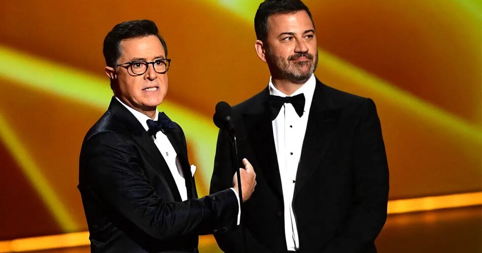 Colbert emerges from cancellation to urge Emmy voters to select Jimmy Kimmel